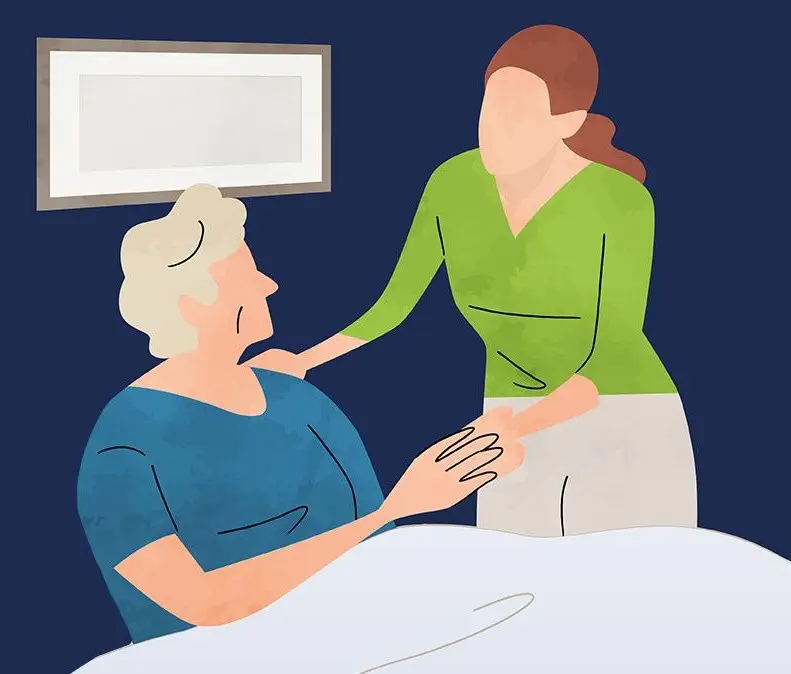 Illustration d’une aide à domicile qui tient la main d’une aînée assise au bord de son lit